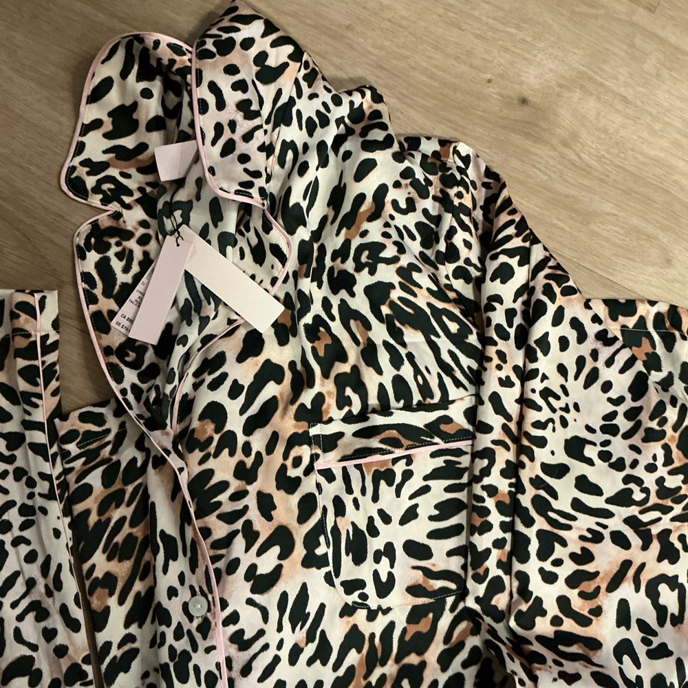 Victoria’s Secret -Leopard Print Satin Pajama Top with Pink Piping and Pants